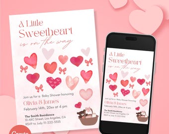 Editable A Little Sweetheart Is On The Way Invite, Pink Heart Valentines Baby Shower Invitation, Girl Baby Shower Invite, Printable Card