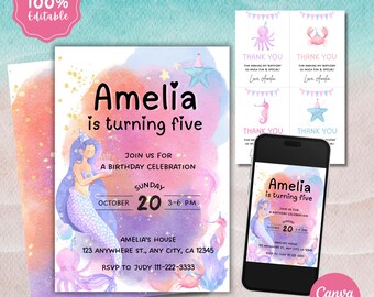 Editable Mermaid Birthday Invitation, Pastel Watercolor Gold Glitter Sprinkles Invite, Digital Printable Card Template, Girl Birthday