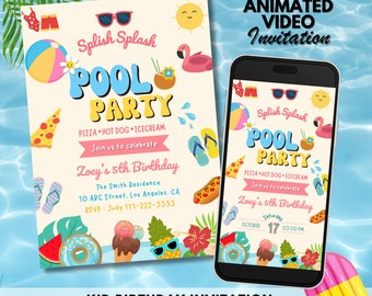 Pool Party Birthday Editable Invitation, Birthday Girl Animated Invite, Summer Party, Five Years Video Evite, Swimming Party, Printable Card