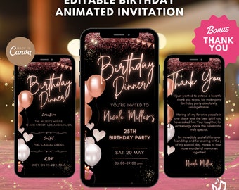 Animated Birthday Dinner Invitation, Editable Video Invite, Customizable Digital Download, Personalized Invite, Digital Card, Canva Template