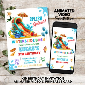 Faire-part d'anniversaire modifiable avec toboggan aquatique, invitation vidéo animée Splash Splash, toboggan aquatique, fête d'anniversaire d'été, modèle de carte imprimable