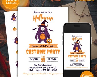 Monster Spooky Birthday Invitation, Editable Halloween Party Invite, Tween Costume Party Evite, Halloween Birthday Invitation Template