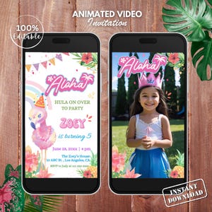 Convite para festa Aloha, modelo de convite de aniversário editável para o Havaí, convite em vídeo animado, festa de aniversário de verão, aniversário de menina, luau de verão
