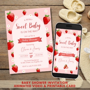 Bewerkbare Berry Sweet Baby Shower Uitnodiging, Geanimeerde Aardbei Babyshower Uitnodigen, Meisje Baby Shower Video Uitnodigen, Afdrukbare Kaart, Canva