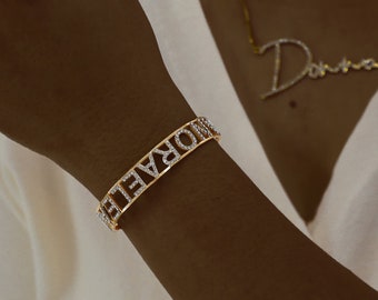 Custom Diamond Name Bangle, Bling Diamond Pave Letter Name Cuff Bracelet, 18K Solid Gold Bracelet, Personalized Name Bangle, Gift for Her