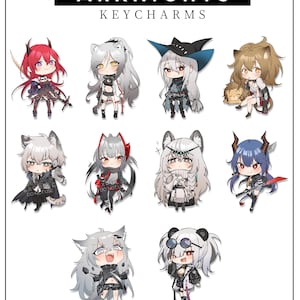 May include: A selection of Arknights keychains, each depicting a different anime-style character. The keychains are brightly coloured and feature detailed designs. The text "ARKNIGHTS KEYCHARMS" is displayed at the top of the image, with a white background.