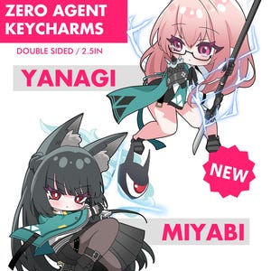 Könnte beinhalten: Werbebild für Zenless Zone Zero Agent Schlüsselanhänger. Das Bild zeigt zwei Illustrationen von Anime-Charakteren, Yanagi und Miyabi, mit dem Text "DOUBLE SIDED / 6,35cm". Die Schlüsselanhänger sind neu und zum Kauf erhältlich.
