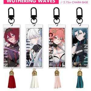May include: Four rectangular keychains featuring anime-style character art, each with a different character. The keychains have black clips and gold-coloured tassel charms. The text "WUTHERING WAVES" and "TASSEL KEYCHARMS // 2.75in CHARM BASE" are at the top.