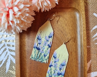 Fringe Miyuki Seed Beads Earrings With Yellow Blue Floral Pattern