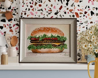 Cheeseburger Oil Painting: Original Food Art, Framed Artwork (5.9x7.9)