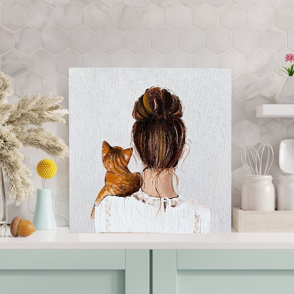 Original oil painting,woman with cat painting,cat lover gift,woman art,redhead painting,bedroom wall decor,female portrait,cat original art