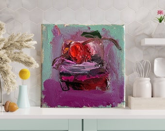 Cupcake with Cherry Oil Painting: Mini Kitchen Art (4x4 inches)