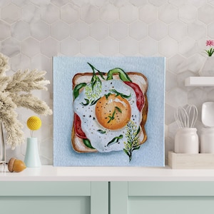 Egg painting Miniature oil painting Food painting Toast painting Still life painting Kitchen wall art Toast with scrambled eggs oil painting