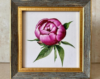 Peony Oil Painting: Original Floral Still Life on Canvas (6x6)