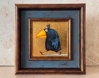 金箔を施したカラスの油絵（額入り）