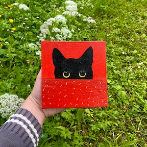 Framed Black Cat Oil Painting: Small Animal Portrait Art