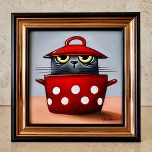 Original black cat oil painting, Hand painted artwork, Black cat portrait, Whimsical cat, Kitten painting