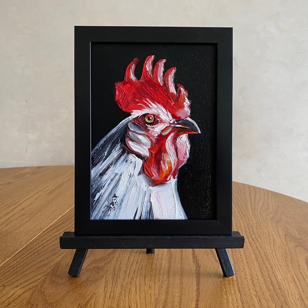 Haan schilderen, origineel schilderij, klein olieverfschilderij, kip schilderen, boerderijdieren schilderen, boerderij wand decor, vogel, rustiek decor, ingelijst