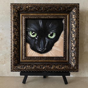 Framed Black Cat Oil Painting: Small Animal Portrait Art