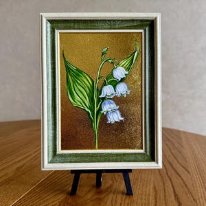 Pintura de lirio de los valles sobre pan de oro, 5 x 7 pulgadas, arte en miniatura original firmado, obra de arte floral del mes de nacimiento, regalo de cumpleaños para ella
