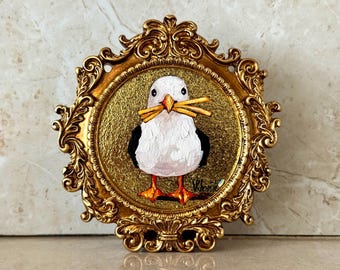 Original Oil Painting Seagull with French Fries, Gold Leaf Miniature Art, Coastal Wall Decor