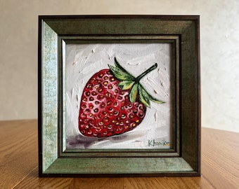 Strawberry Still Life Oil Painting: Original Kitchen Wall Art (5.9x5.9 in)