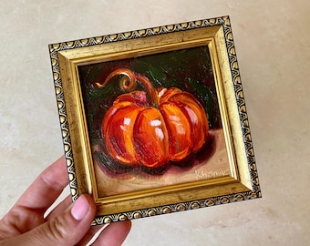 Framed Pumpkin Oil Painting: Vintage Farmhouse Halloween Art