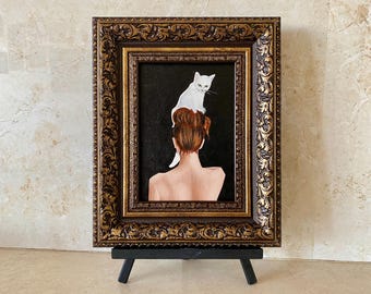 Woman with Cat Oil Painting: 5x7 Framed Original Art