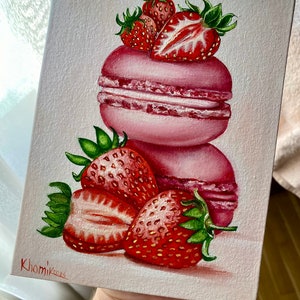 Macaroons oil painting, strawberry art, dessert artwork, french bakery art, small art, kitchen wall art, strawberry oil painting, fruit art