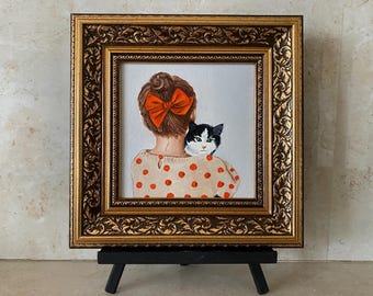 Flicka med katt oljemålning: Original inramad väggkonst för barnrum