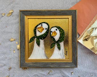 Original Oil Painting, Whimsical Geese with Gold Leaf Background, Cottagecore Farmhouse Art (6x6 Inch)