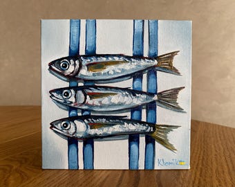 Original Sardine Oil Painting, Kitchen Still Life, 4x4 Framed Art
