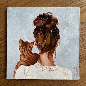 Original oil painting,woman with cat painting,cat lover gift,woman art,redhead painting,bedroom wall decor,female portrait,cat original art