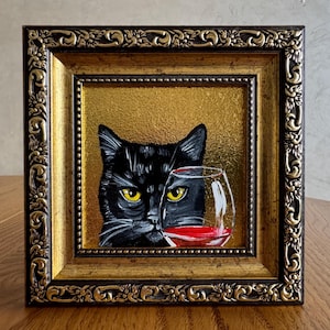 Chat noir, peinture avec un verre de vin, oeuvre d'art murale originale, art naïf en cadre doré, décoration de cuisine 4 x 4, drôle de chat noir, feuille d'or