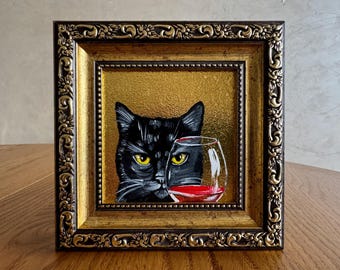 Oil Painting Black Cat with Wine: Gold Leaf Painting (4x4)