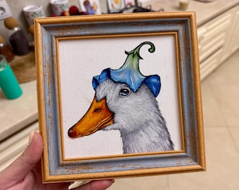 Funny Goose Oil Painting Original Art, Whimsical Duck Portrait, Framed Animal Art, Unique Gift for Duck Lovers