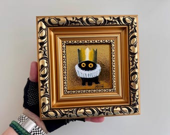 Original Oil Painting, Miniature Crowned Black Cat Art, Gold Leaf Whimsical Decor