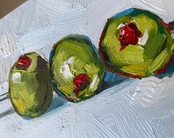 Olives Oil Painting: Miniature Impasto Still Life, 5x7 French Kitchen Art