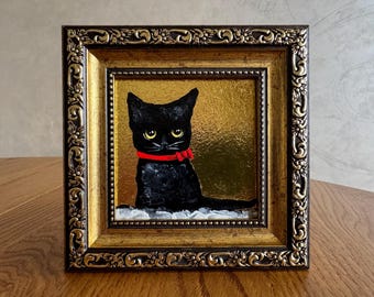 Gold Leaf Black Cat Oil Painting: Framed Original Artwork (4x4)