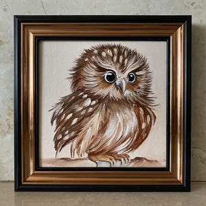 Owl portrait oil, painting original, painting framed 6x6, owl painting original framed, illustration home decor wall art, funny owl wall art