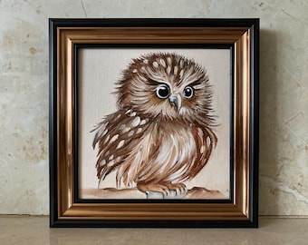 Retrato de búho enmarcado, pintura al óleo: miniatura original para pared (15x15 cm)