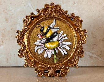 Original Mini Bumblebee Paintings – Set of 2 in Ornate Gold Frames