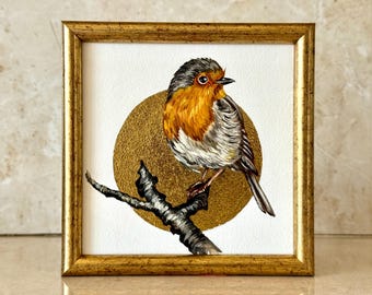 Dipinto a olio raffigurante un pettirosso in foglia d'oro - Arte originale di uccelli (6x6 pollici)