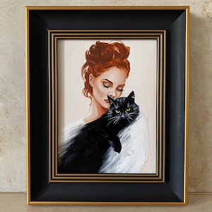 Original oil painting,woman with cat painting,cat lover gift,woman art,redhead painting,custom painting,black cat artwork,oil portrait