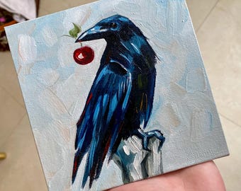 額入りカラスの油絵：オリジナルアート、小鳥の肖像画