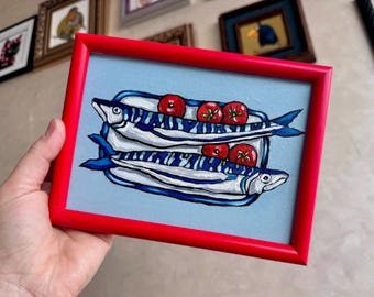 Original Oil Painting of Sardines with Tomatoes Whimsical Kitchen Wall Art, 5x7 Inches