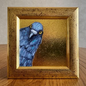Retrato de paloma, pintura al óleo, hoja de oro, pintura original enmarcada, 4x4, pintura de paloma, ilustración original enmarcada, decoración del hogar, pintura al óleo de pájaro