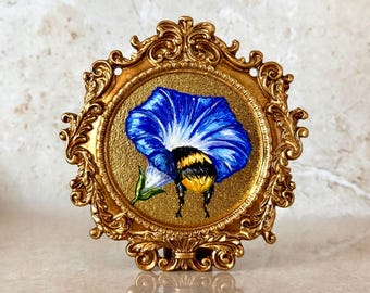 Original Oil Painting Bumblebee on Flower, Ornate Gold Frame Miniature Art (4x4 inches)