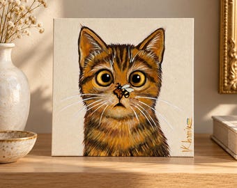 Original Cat Oil Painting, Funny Ginger Cat with Bee, Cute Tabby Cat Art, Miniature Animal Painting, Cat Lover Gift