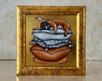 Mini Pug Dog Oil Painting with Gold Leaf Accent